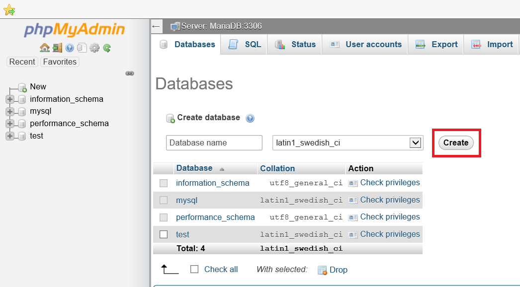 phpMyAdmin Create Database